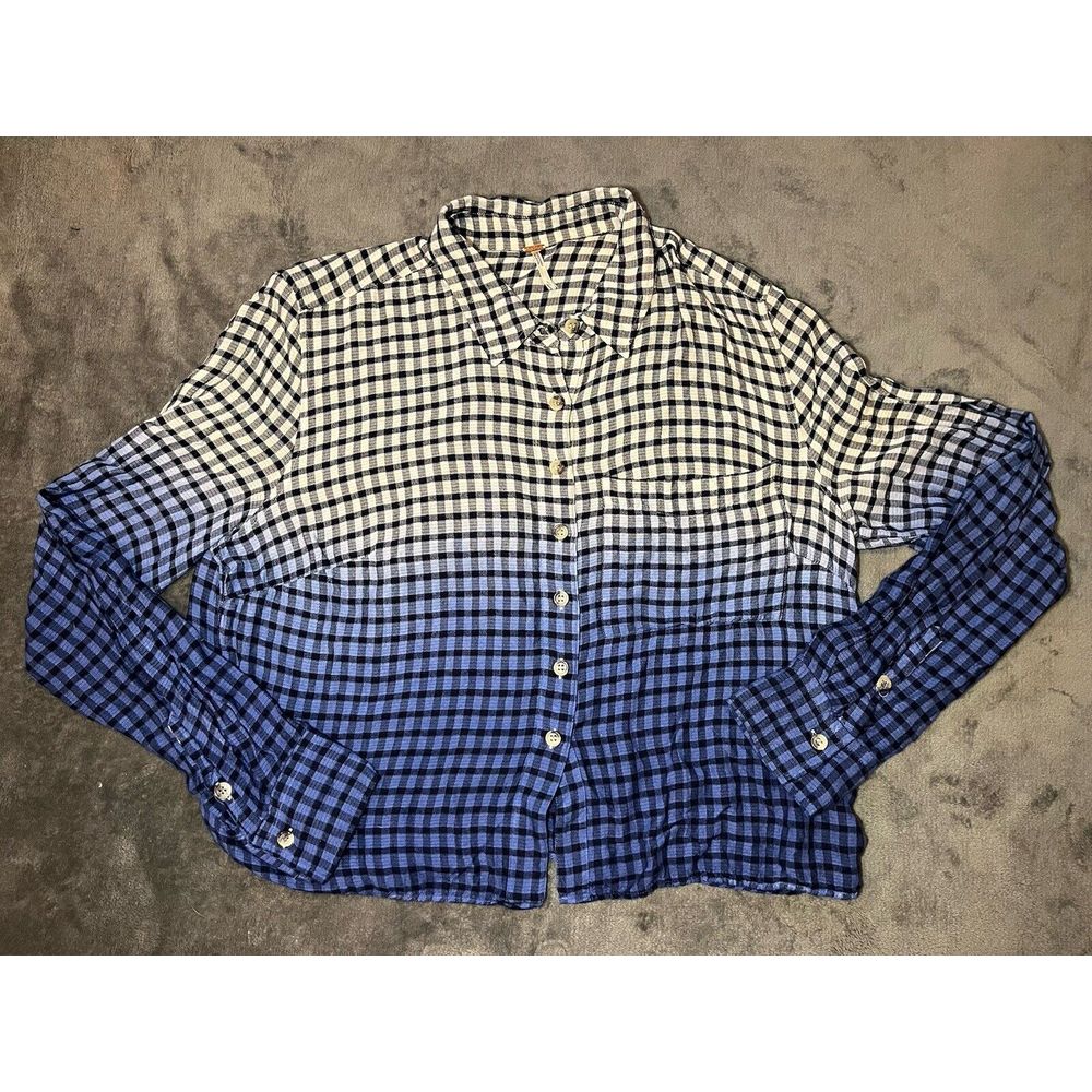 Free People Women's White/Blue Ombre Plaid Lightweight Button-Up Shirt Sz Small